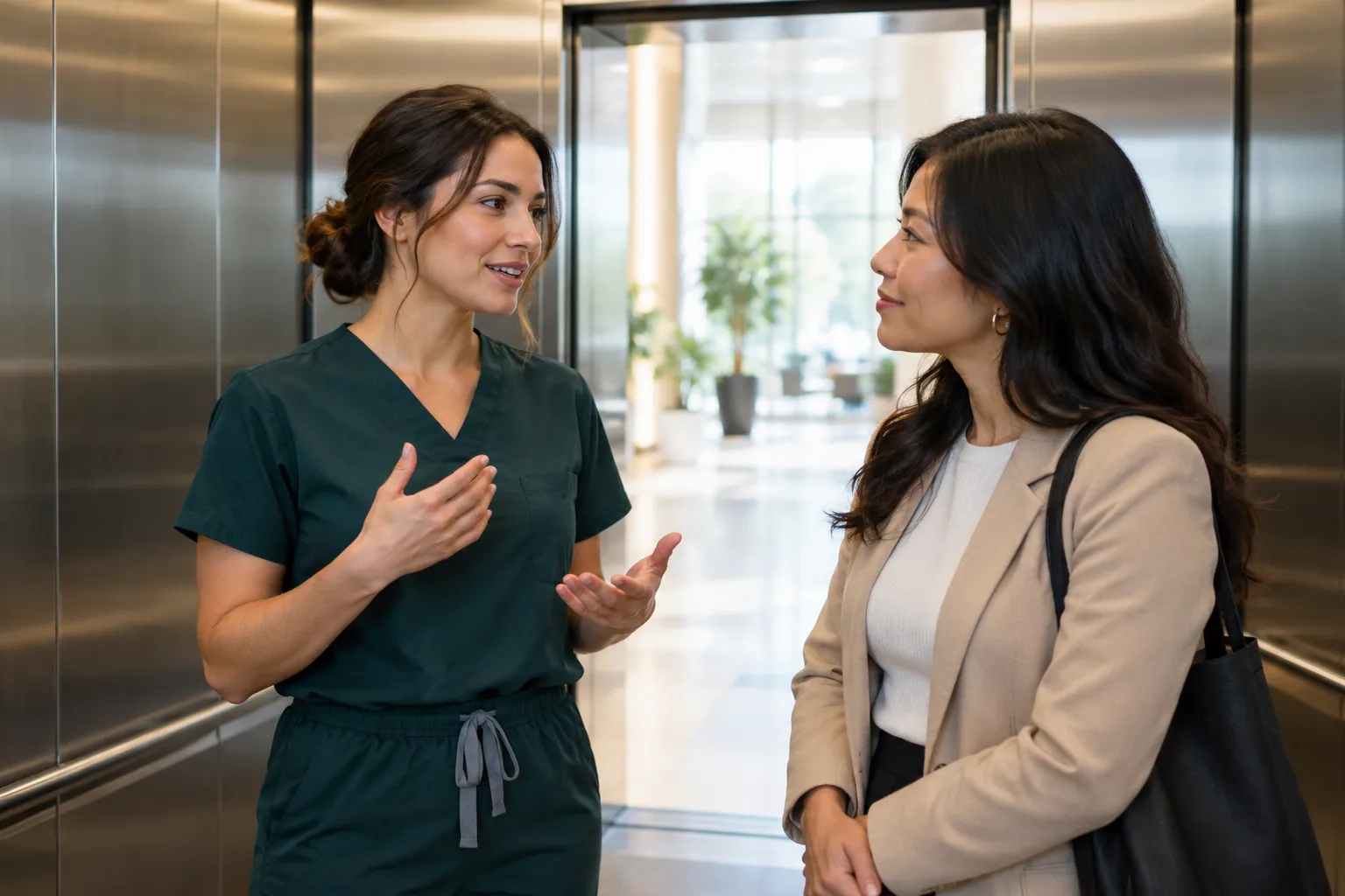 Two women introducing themselves in a bright clinic lobby
