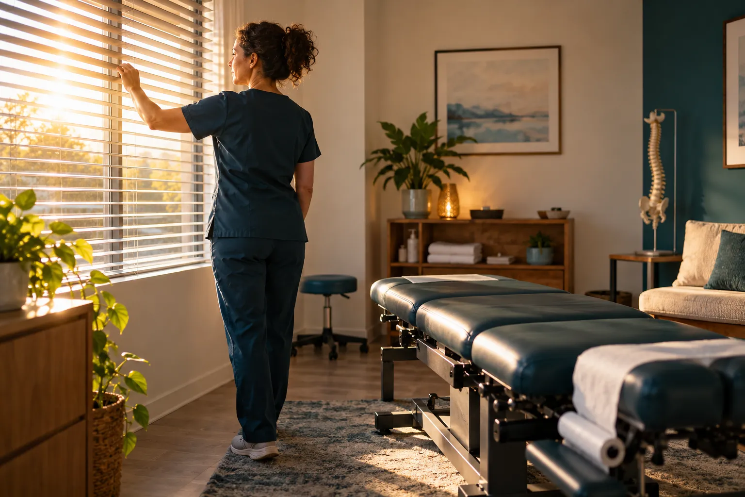 A practitioner opening the blinds to morning sun in a quiet treatment room