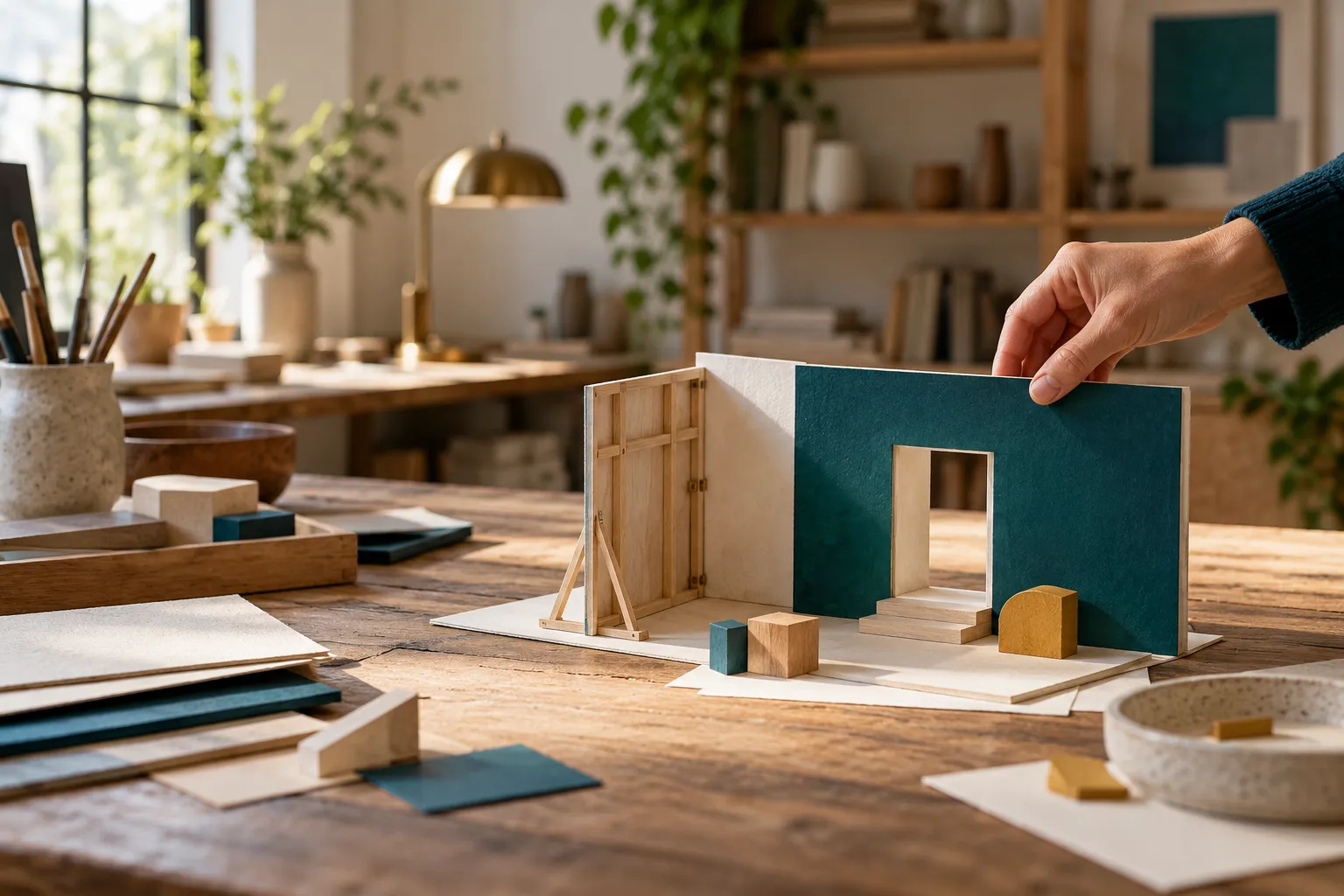 Hands placing a doorway into a small paper and wood model on a desk
