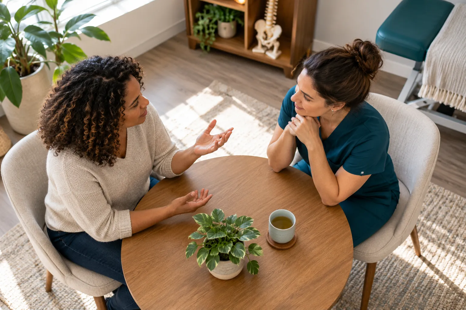 A practitioner leaning in to listen to a woman at a small round table