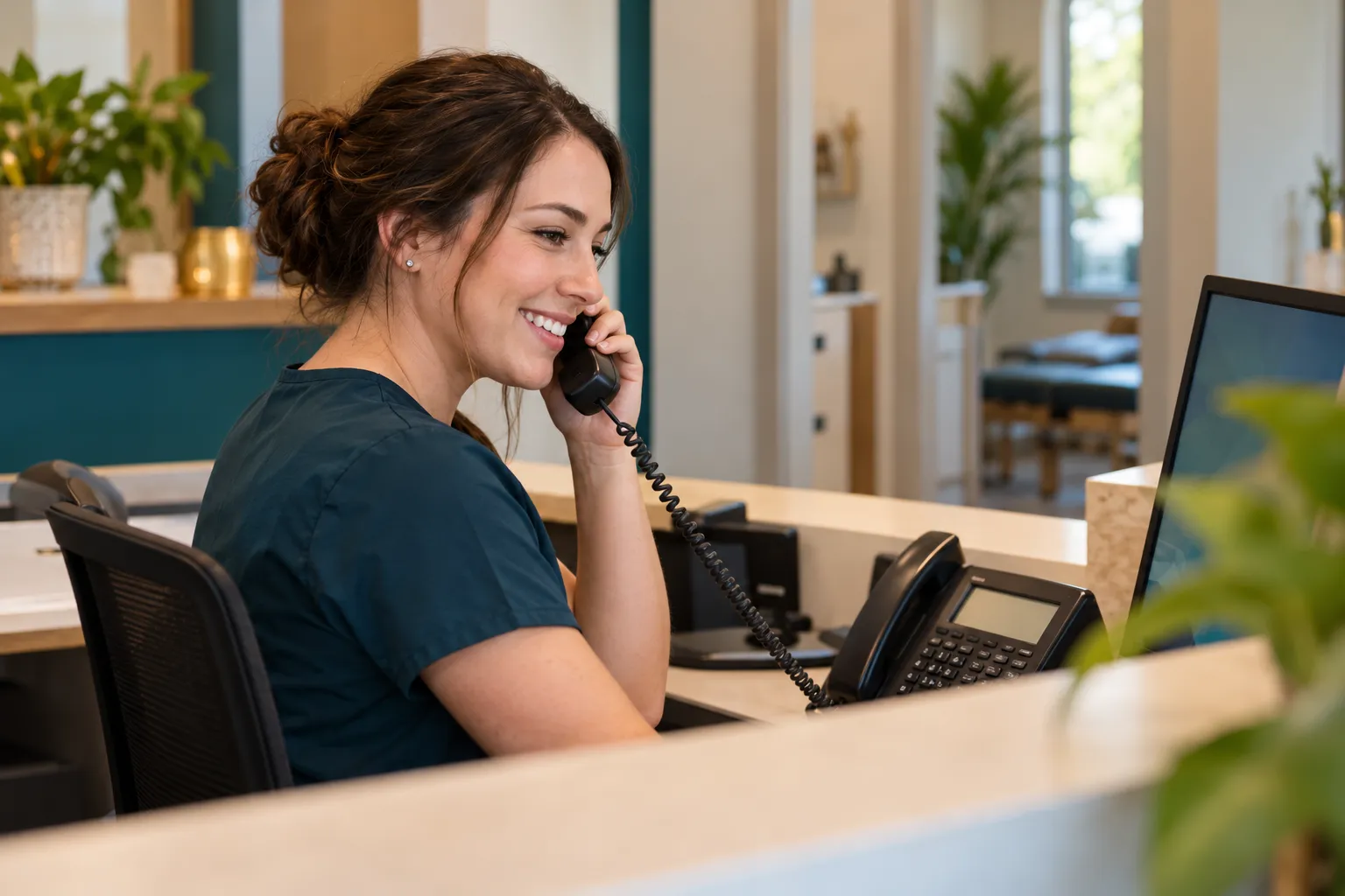 A smiling front-desk team member answering the clinic telephone