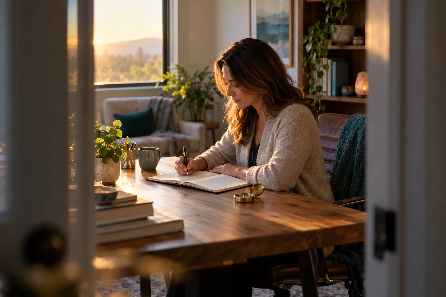 A practice owner writing in a notebook at a desk in early light