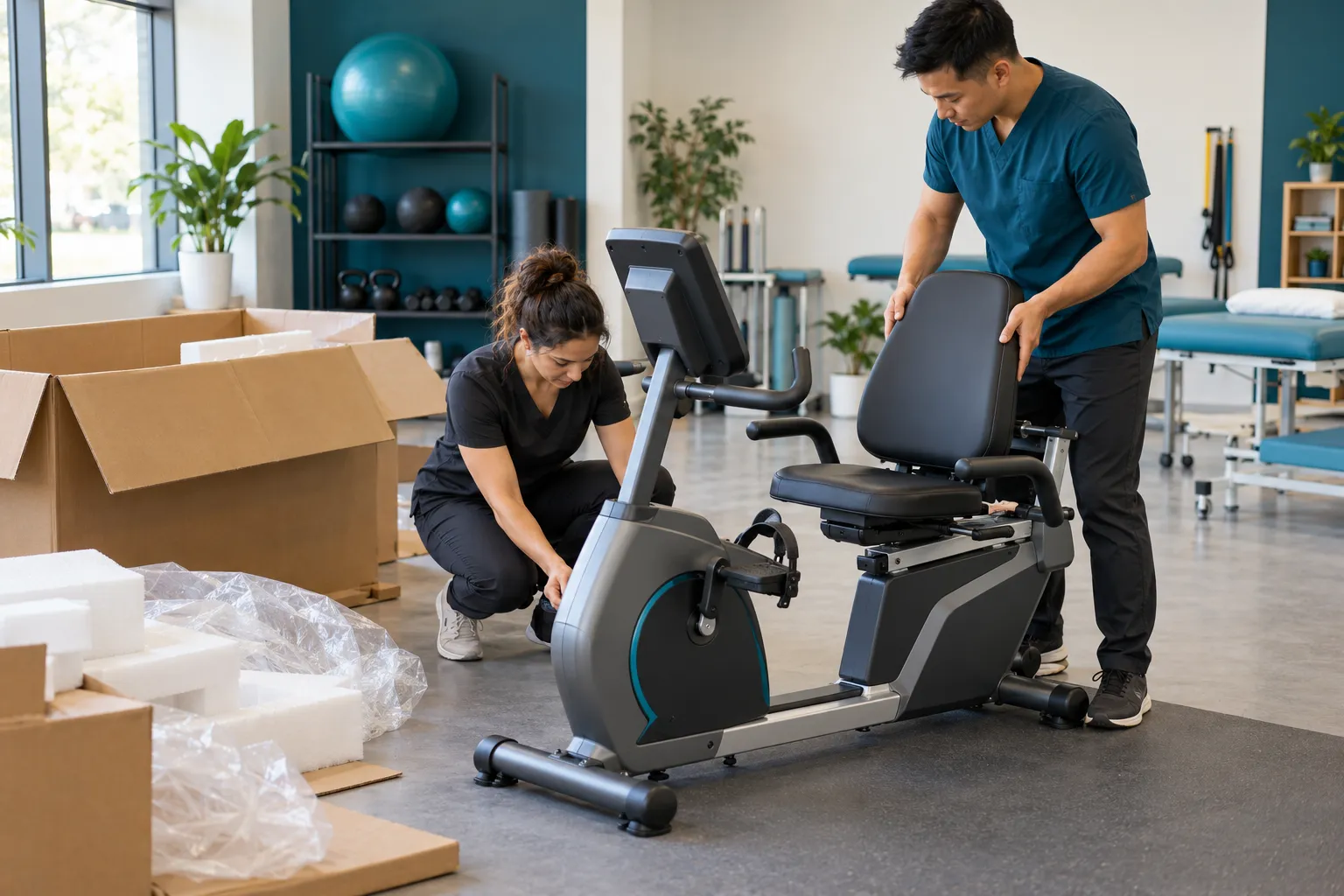 Two clinic staff unboxing and setting up a new recumbent exercise bike