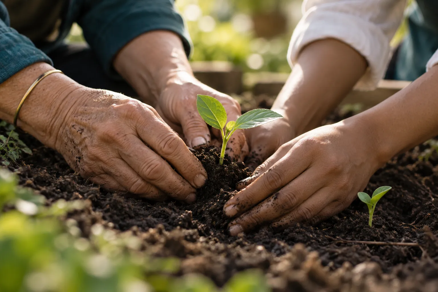 Two pairs of hands planting a seedling in dark soil