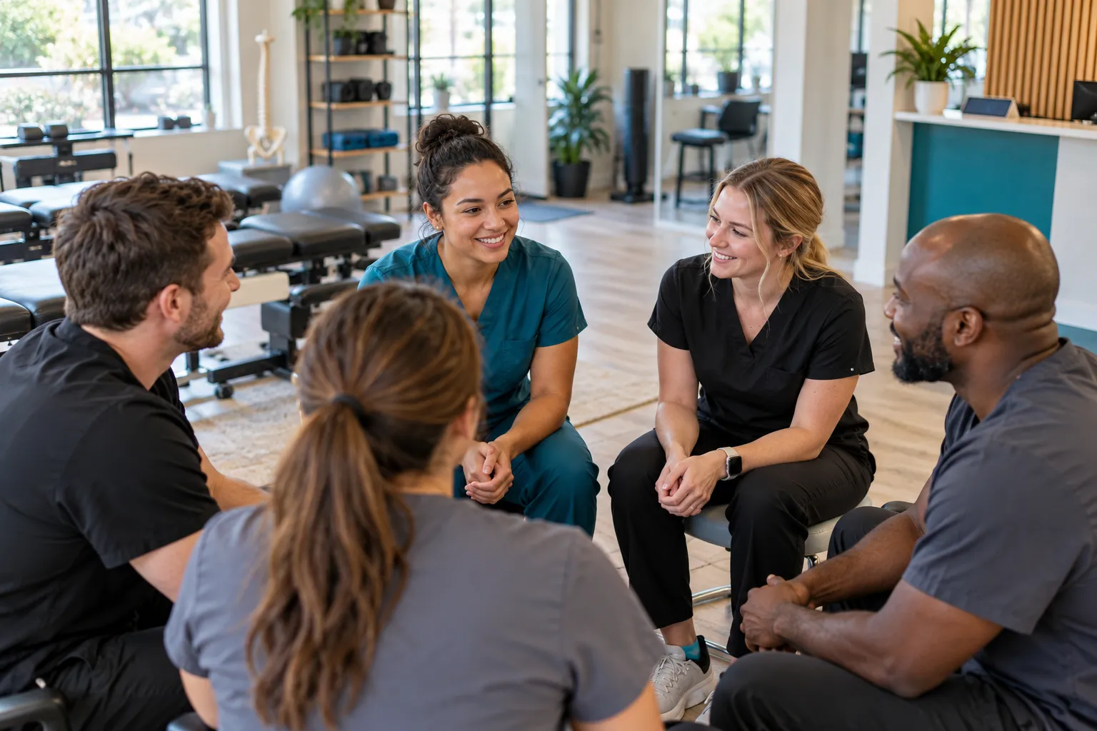 A clinic team sitting in a relaxed morning huddle