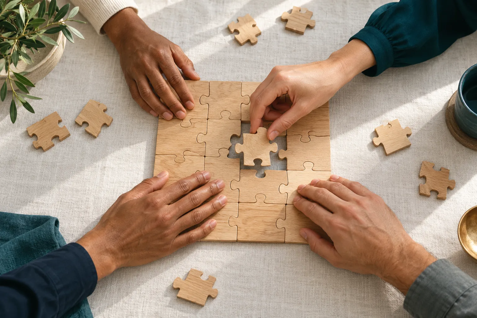 Hands fitting the last piece into a plain wooden puzzle