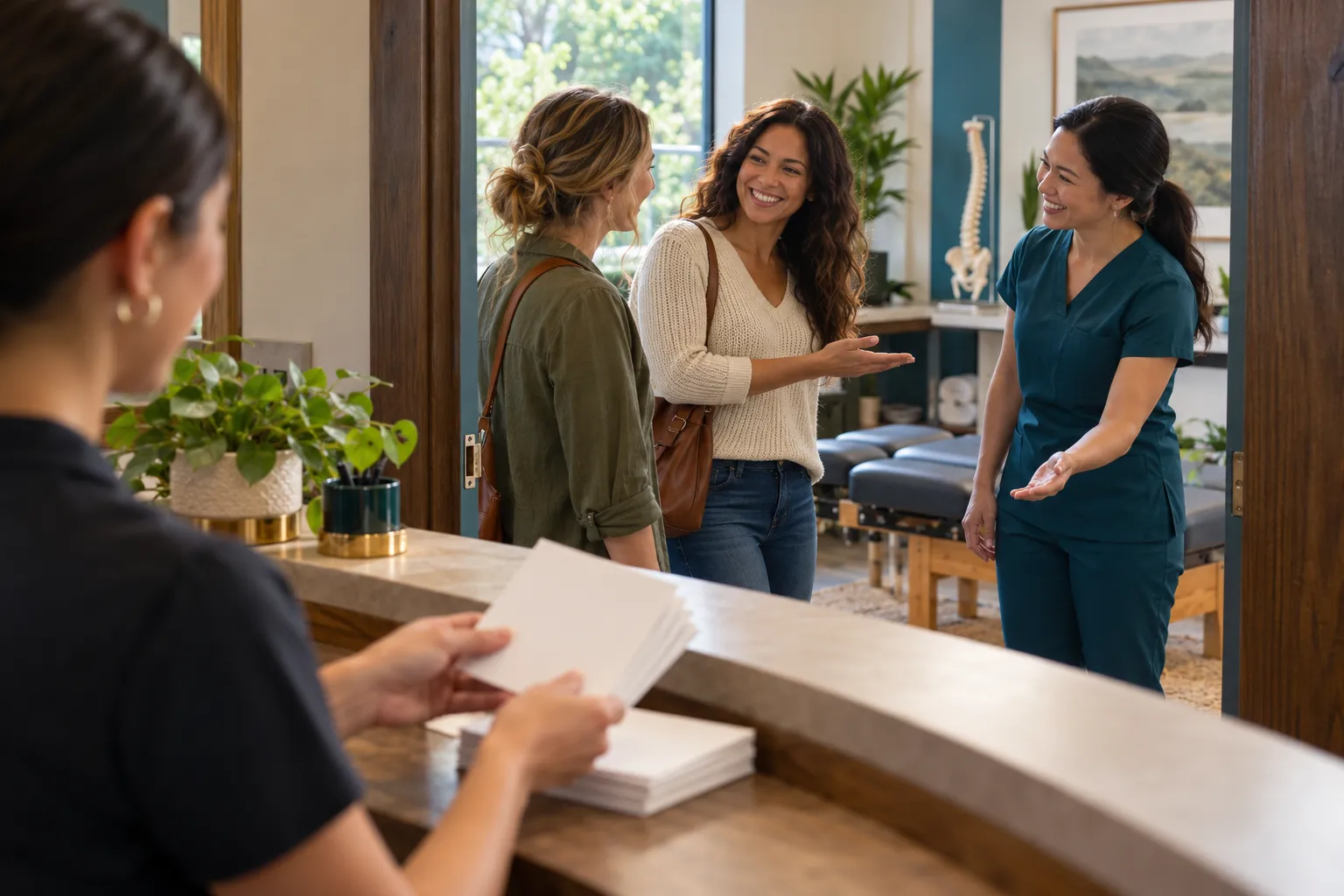 Patients chatting warmly with front-desk staff in a clinic reception area