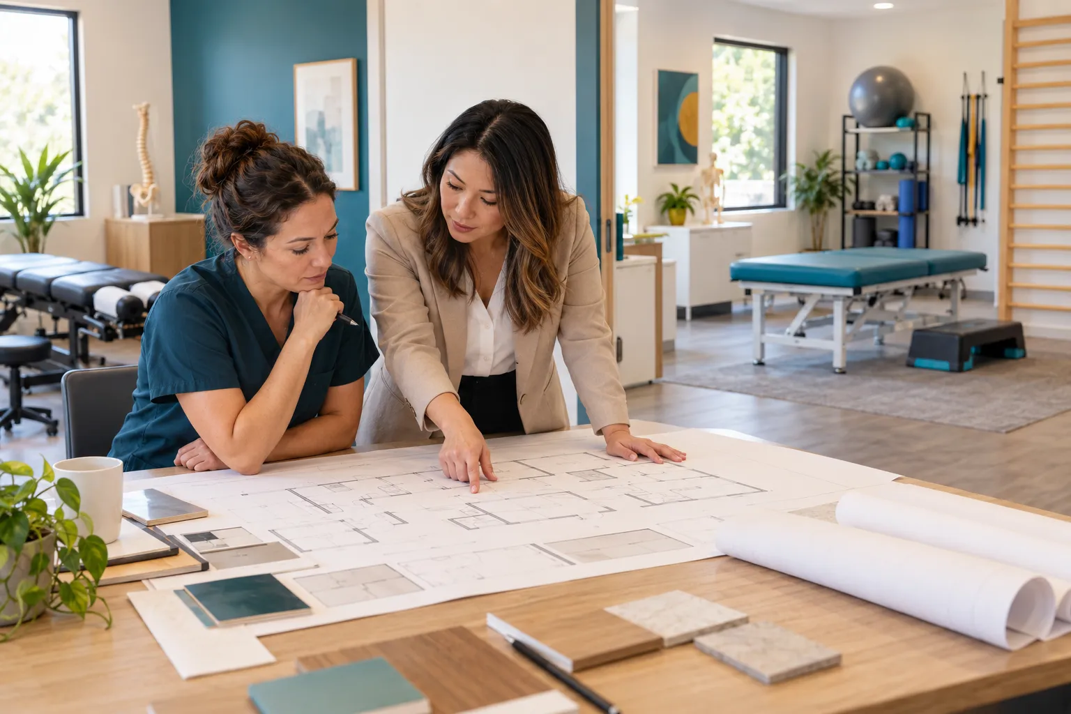 Two clinic leaders reviewing a floor plan together in a multidisciplinary practice
