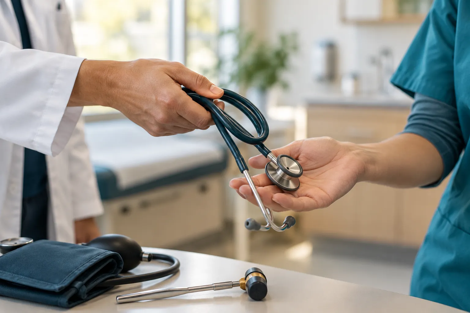 A physician handing a stethoscope to a colleague in scrubs