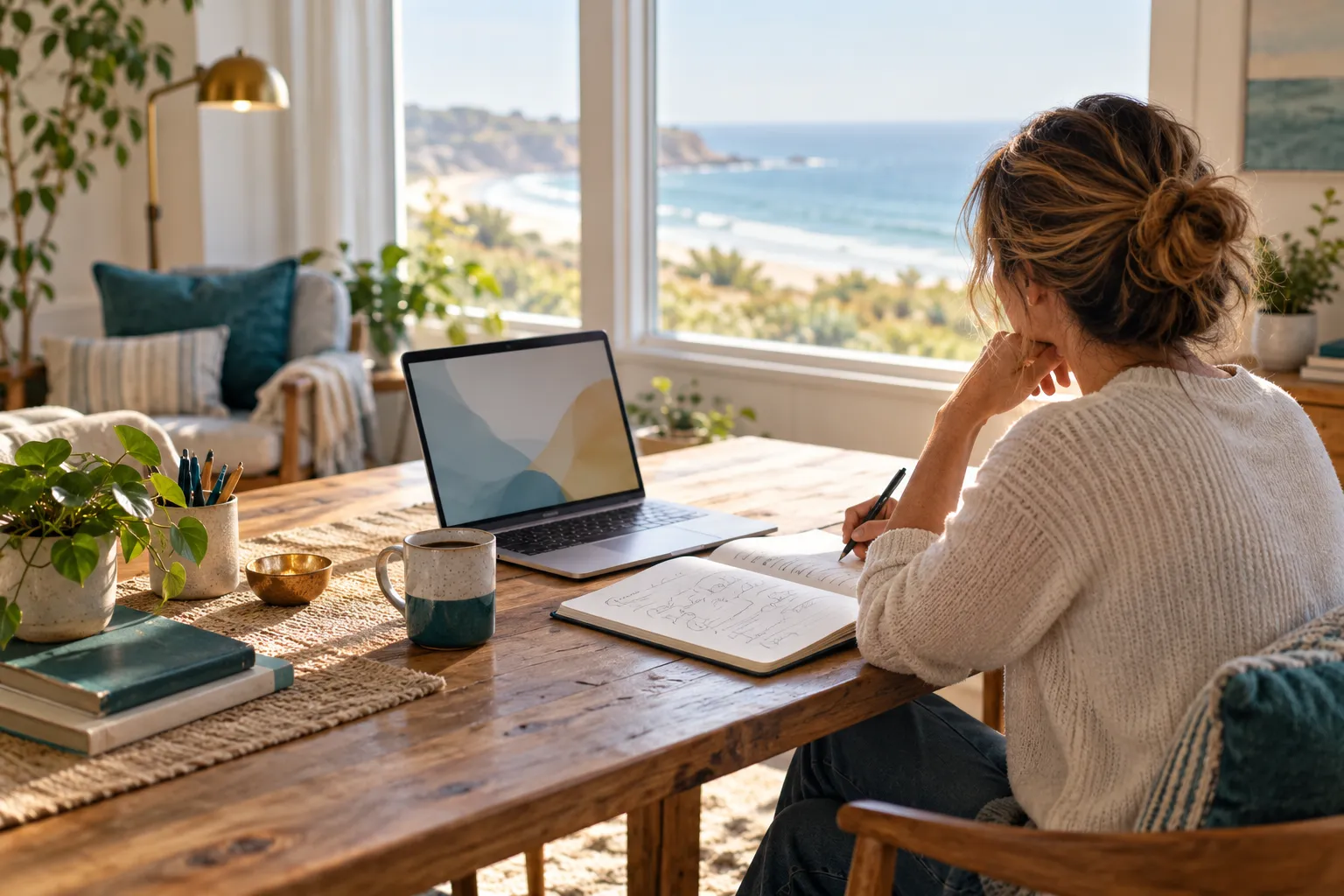 A woman writing in a notebook beside a laptop at a table overlooking the beach