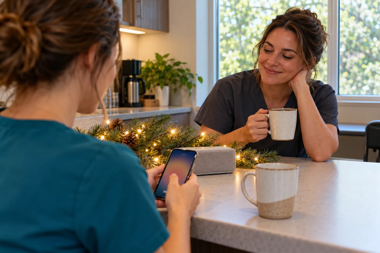 Clinic staff enjoying coffee in a break room with holiday lights