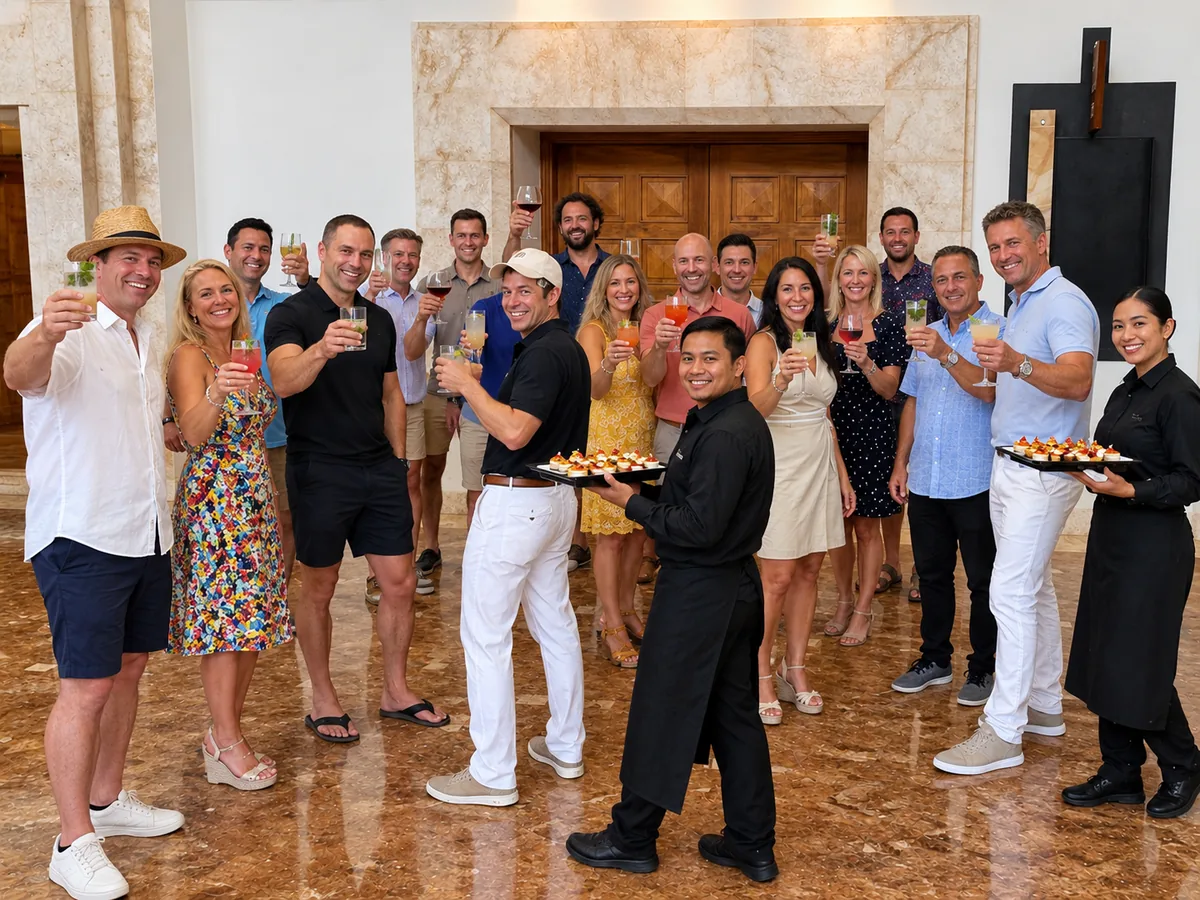 A group raising a toast in a resort lobby