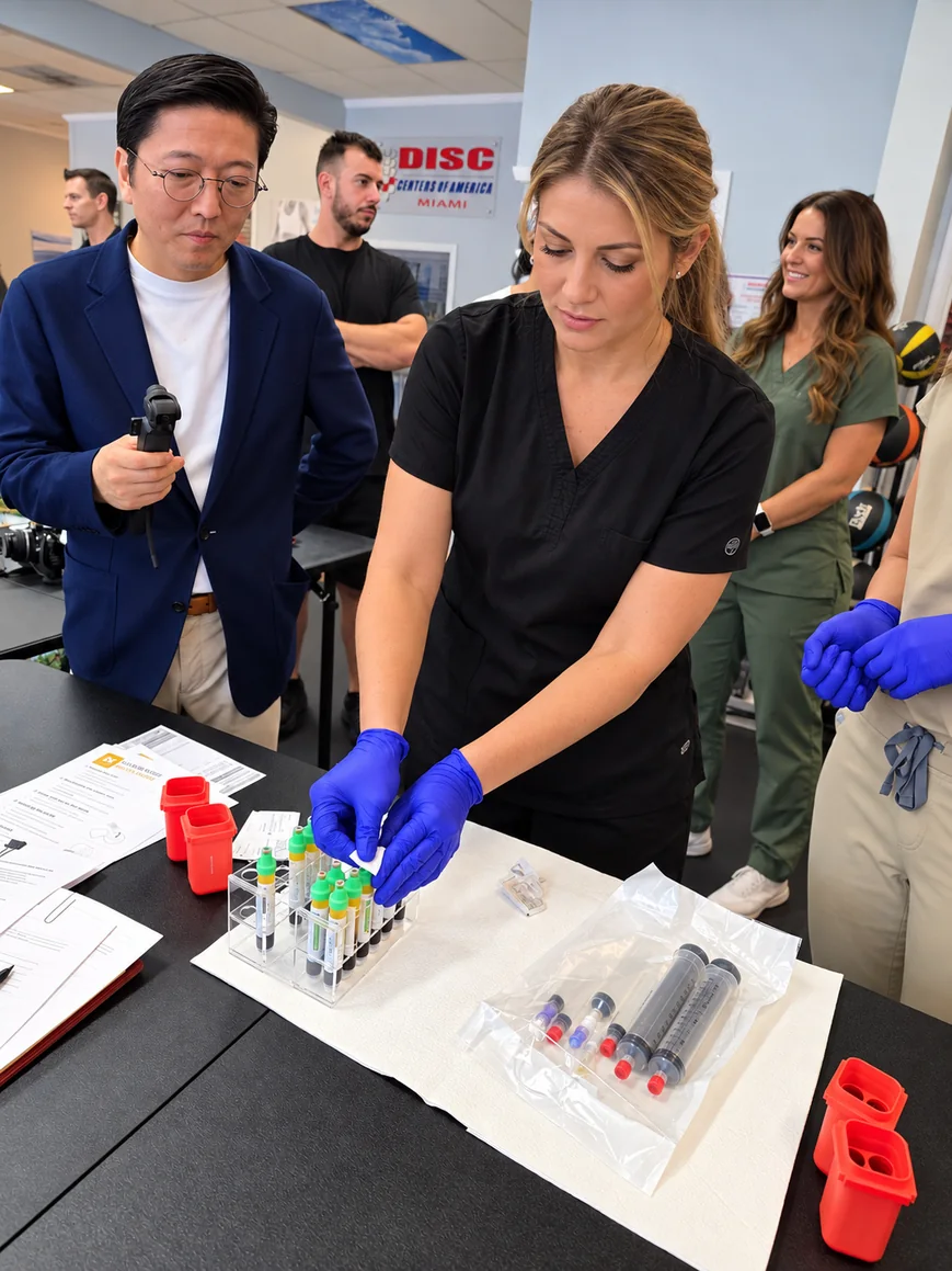 A hands-on clinical training demonstration with practitioners in gloves at a workshop table