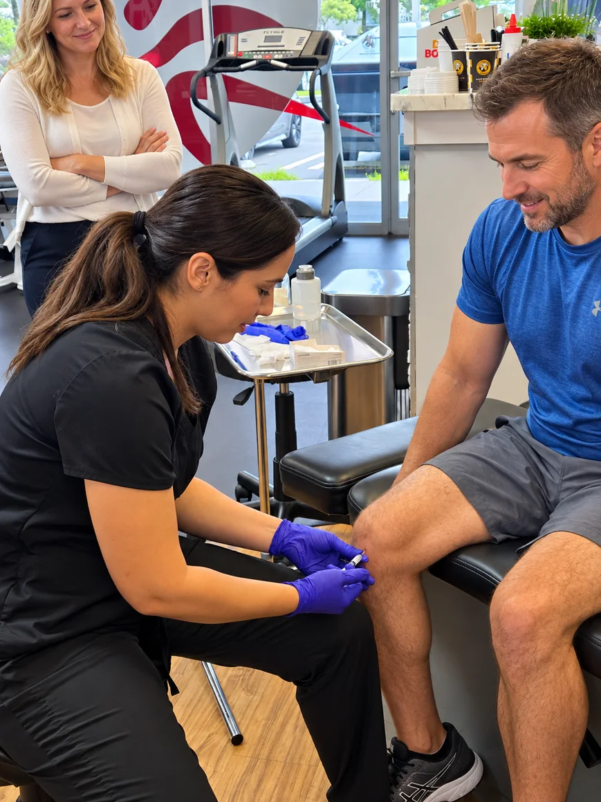 A practitioner treating a patient's knee in a modern clinic