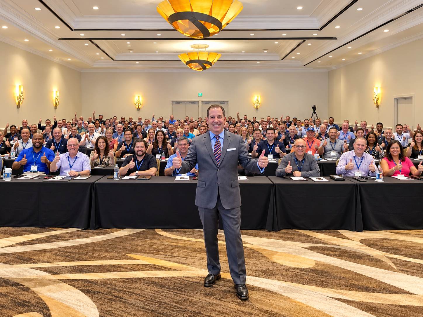 Dr. Mark Sanna in front of a full seminar room of chiropractors