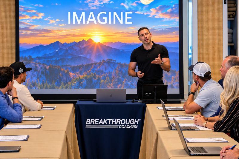 A presenter in front of a slide reading Imagine, with attendees at the tables