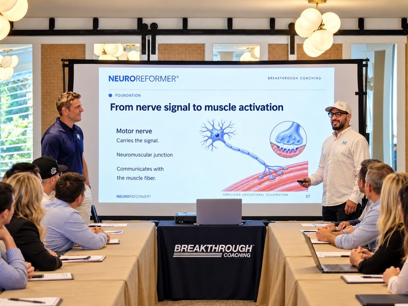 Two presenters beside a slide titled From nerve signal to muscle activation