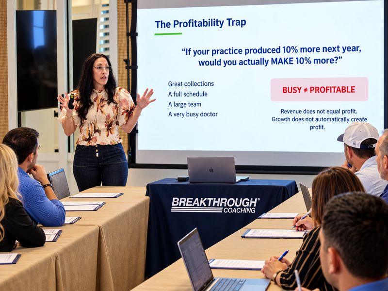 A presenter gesturing beside a slide titled The Profitability Trap