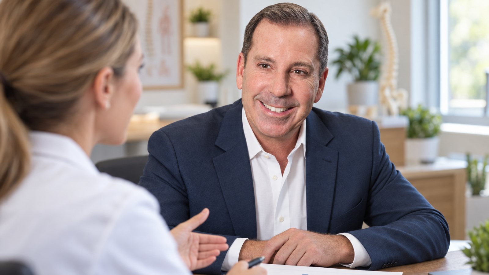 Dr. Mark Sanna coaching a chiropractor across a desk.
