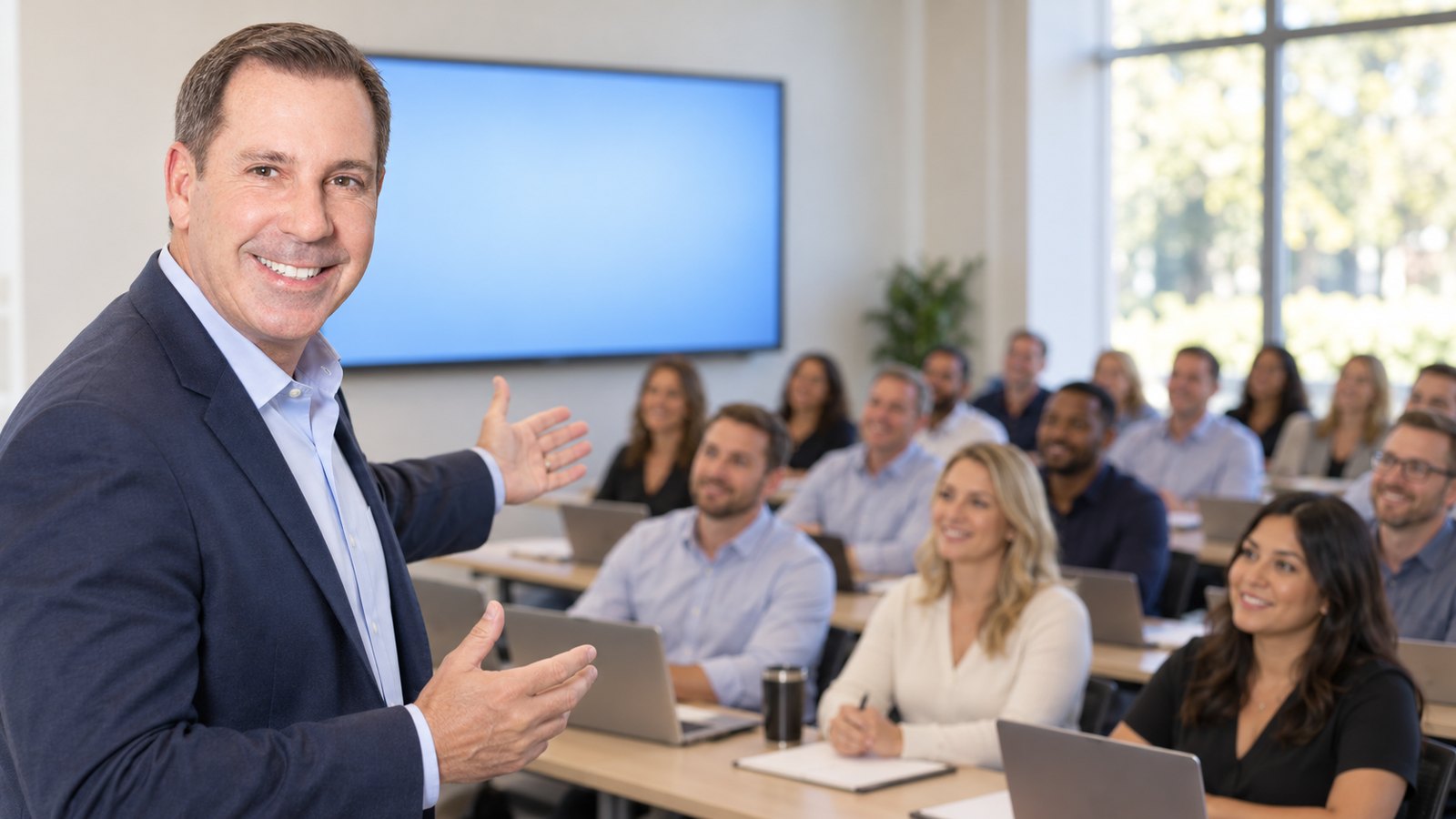Dr. Mark Sanna teaching a seated group beside a blank screen.