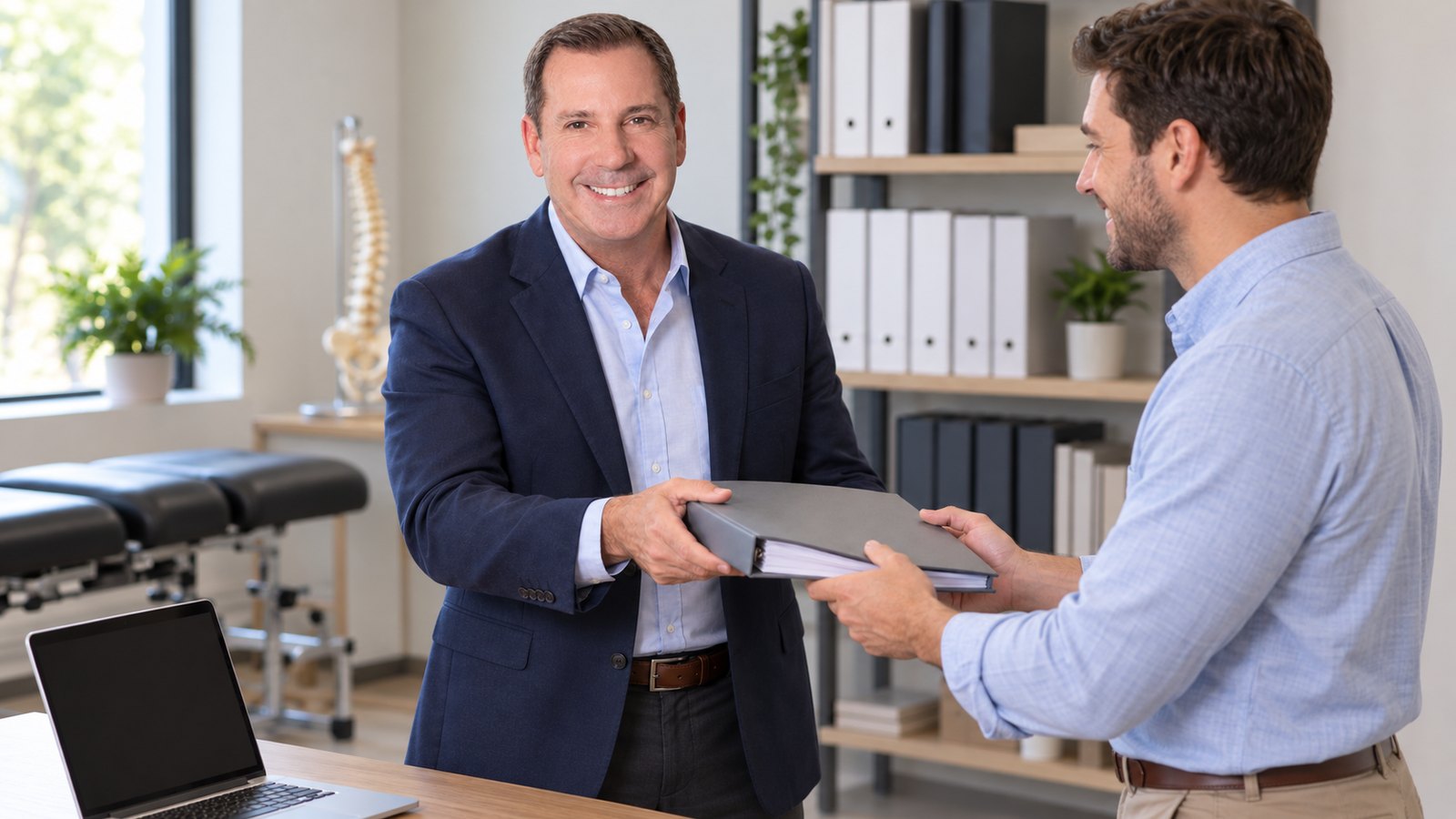 Dr. Mark Sanna handing a practice manager a resource binder.