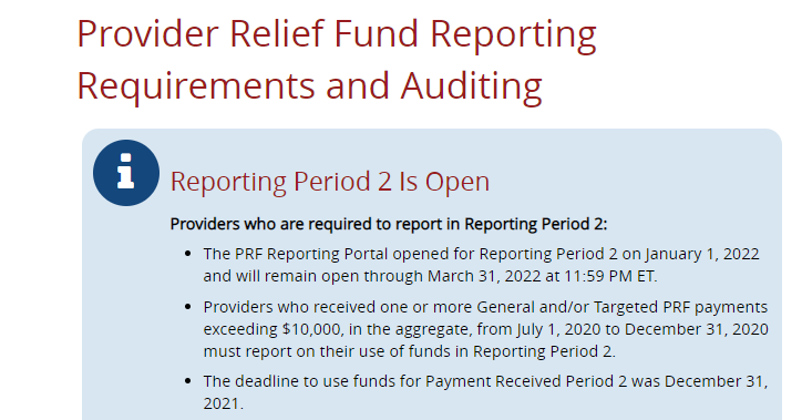 Provider Relief Fund Reporting Requirements and Auditing: Reporting Period 2 Is Open